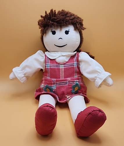 Baby Gap Puppe braun kastanienbraun Garn Haar Zopf Zöpfe mit Schleifen rosa kariert Pullover