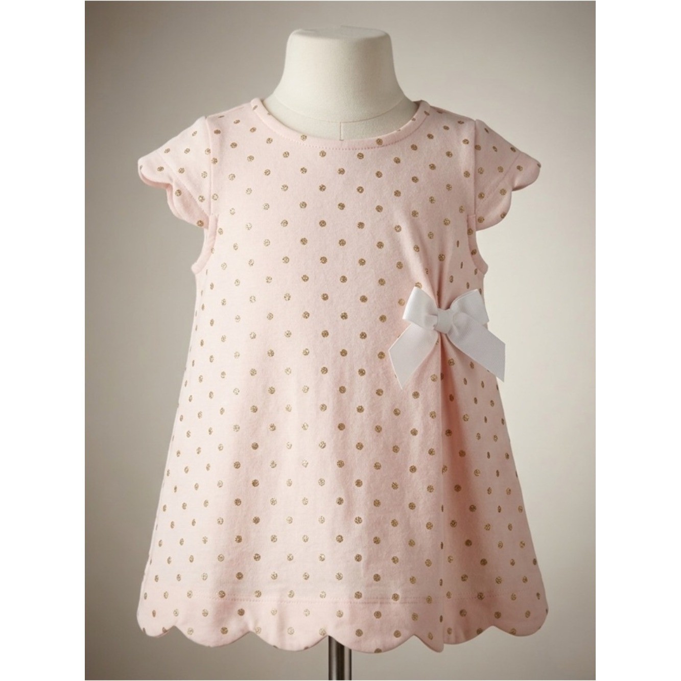 Tahari Baby Girl Party Dress Pink Gold Polka Dot Scalloped Bow Tunic Top 12M