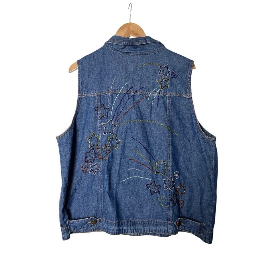 The Quacker Factory Denim Button Down Top Sleeveless Vest Beaded Stars 1X - Image 2 of 4