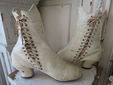 WOMEN'S Old Vintage Leather BOOTS SHOES Heels Rare SIDE Lace Up Creamy WHITE
