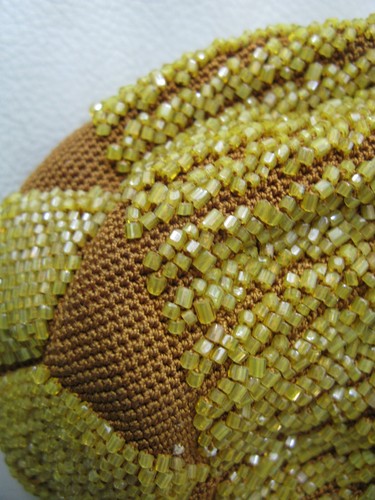 Antique Brown Crochet Mustard Yellow Bead Tassel Kid Glove Leather Lined Purse - Picture 6 of 15