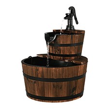 2-Tier Cascading Outdoor Wood Barrel Water Fountain with Adjustable Pump