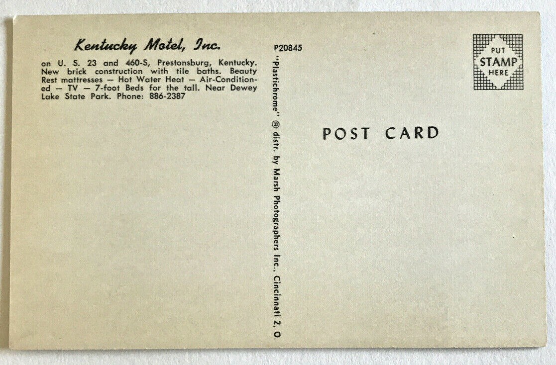 Vintage Postcard Kentucky Motel, Inc., Prestonsburg, Kentucky c 1950s