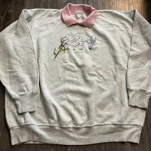 Vintage 80er Vögel Blumen Oma Kragen Pullover Sweatshirt 2XL