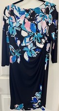 Womens Dress Black Blue Floral Chaps Midi 3/4 Sleeves Spring Summer Wrinkle Free