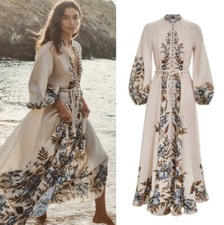 NWT Zimmermann Aliane Billow Midi Maxi Linen Long Dress Khaki Floral AU1