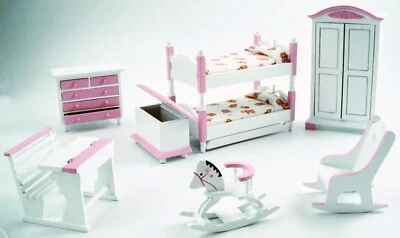 Puppenhaus 7 Teile Kinderzimmer Set Pink und Weiß 1:12 Maßstab 900p Tumdee - Bild 1 von 4