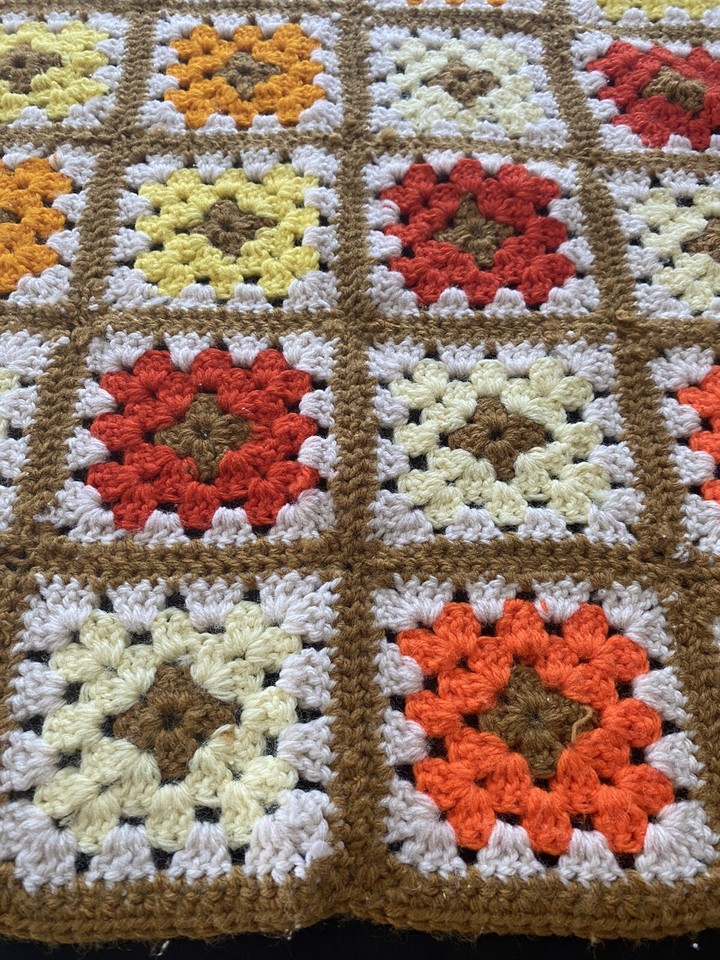 Vintage Handmade Granny Square Crochet Afghan Yellow, Red, Orange 60x37
