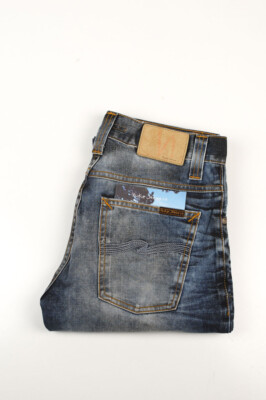 32914 Nudie Jeans Average Joe gebraucht schwarz beschichtet blau Herrenjeans in Größe 28/32