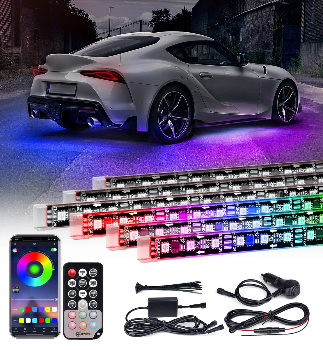 Xprite 6PCS RGB LED Rock Light Strip Car Underglow Neon Kit Music Dancing  Remote