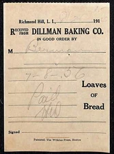 Richmond Hill, Long Island Dillman Baking - "Loves of Bread" Billhead 1914