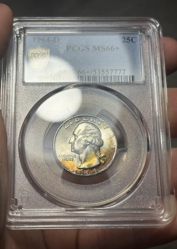 1964-D Washington Silver Quarter PCGS MS66+ Rainbow Toned Super Fresh Original