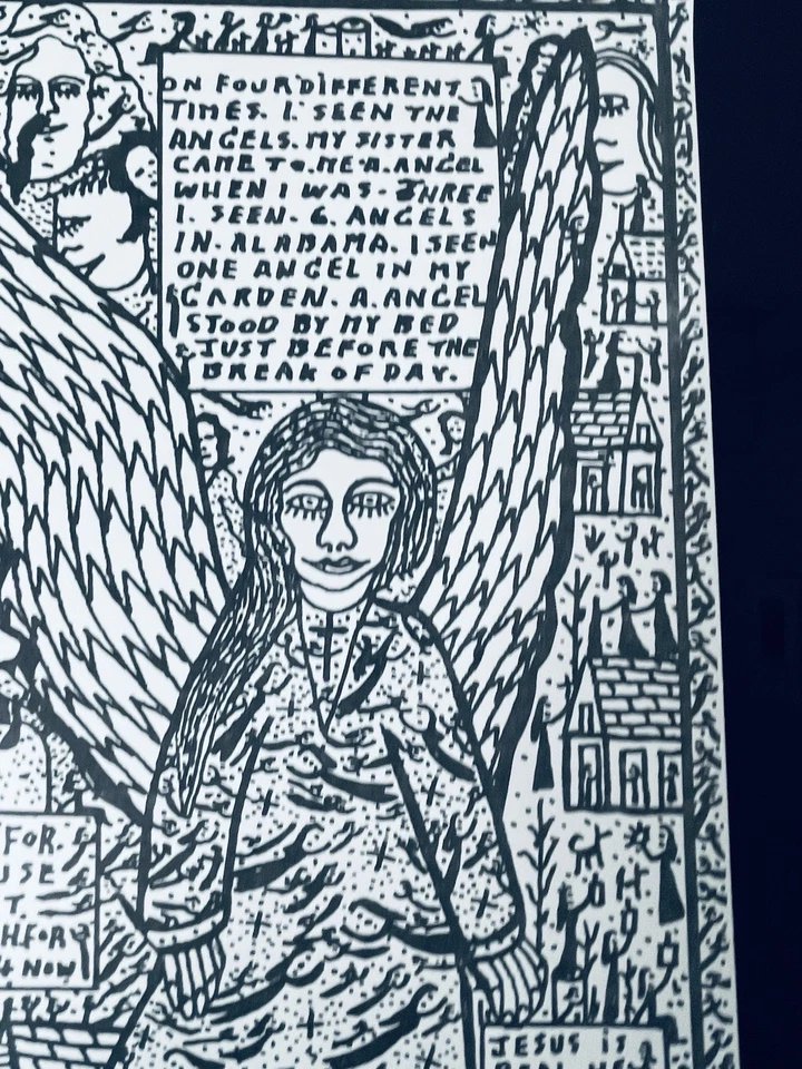 91' Howard Finster "Schutzengel" Lithographie Visionär Außenseiter Kunst 17" x 9,5" - Bild 4 von 4