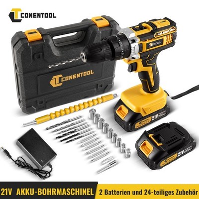 CONENTOOL 21V Akkuschrauber Set Akku Bohrmaschine 42Nm 1850UPM mit 0/1/2 Akkus