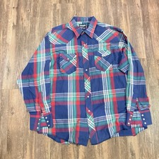 VTG Wrangler Cowboy Cut Western Shirt Men  s 18-35 Blue Red Plaid Pearl Snap