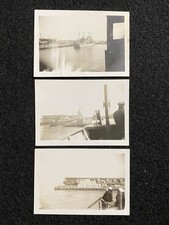 WW2 Navy Aircraft Carrier Ship At Dock And Boats 3 Antique Snapshot Photo Lot
