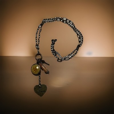 Vintage Chain Charm Necklace: elle est amoureuse engraved heart, key, flowers