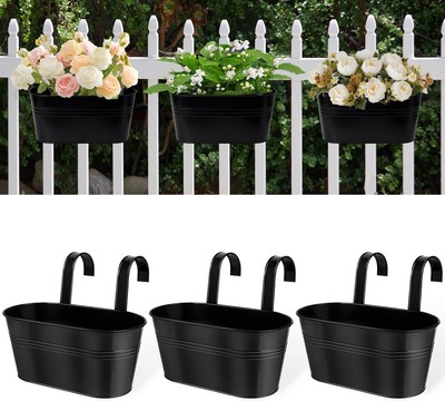 3x Black Metal Hanging Railing Planter Box Fence Balcony Pots Outdoor Garden