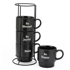  Stackable Coffee Mug Tower Set with Metal Wire Rack - 15 Ounce Coffee Mugs 