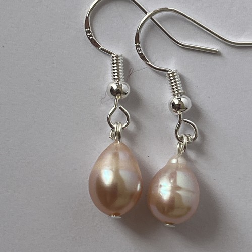 925 Sterling Silver Hook Earrings With Ivory Freshwater Pearl 12x8mm , 31mm Long - Picture 2 of 3