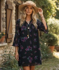 Anthropologie Black Floral Chiffon Bell Sleeve Collared Mini Dress boho 349 k9