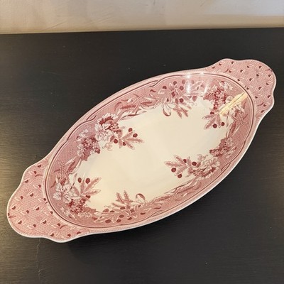 Spode Fulham England Williams Sonoma Bread Tray Pink / Red Floral Handled 15.5 