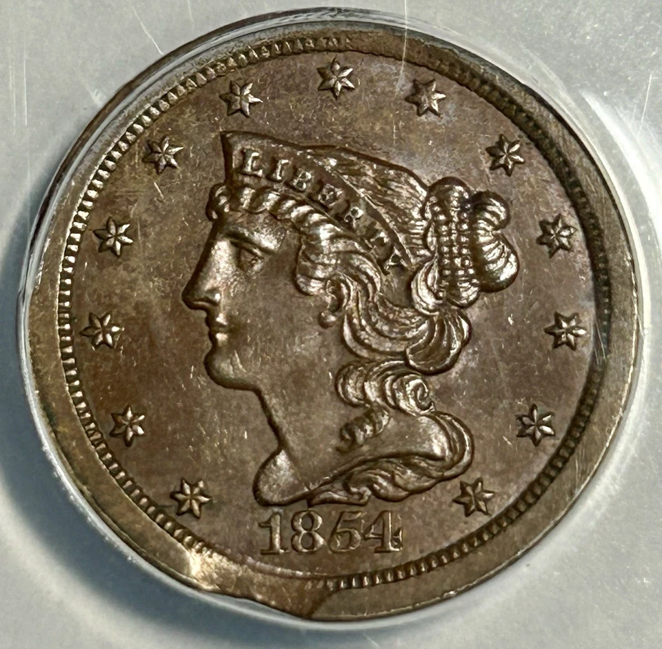 1854 1/2C Mint Error Braided Hair Half Cent (ANAC AU55 Rim Clip) DS13967EW - Image 3 of 4