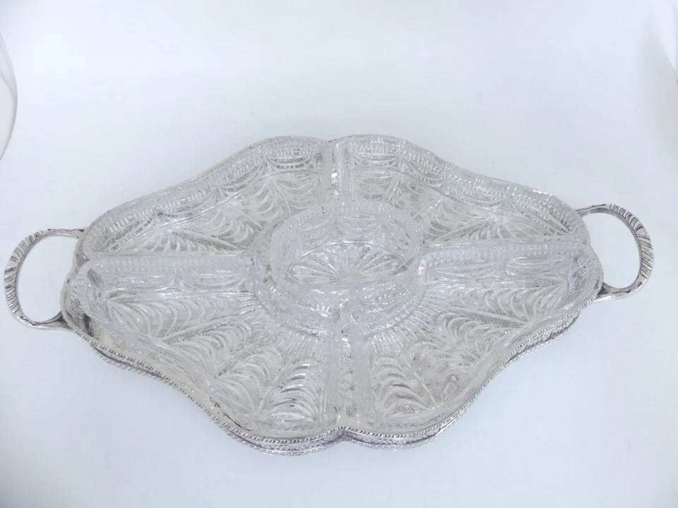 ♛ Englisches Tablett mit Glaskristalleinsätzen - Viners Sheffield - versilbert ♛ - Bild 3 von 4