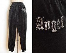vintage Y2K pants black velour ANGEL rhinestone track sweatpants jersey shore L