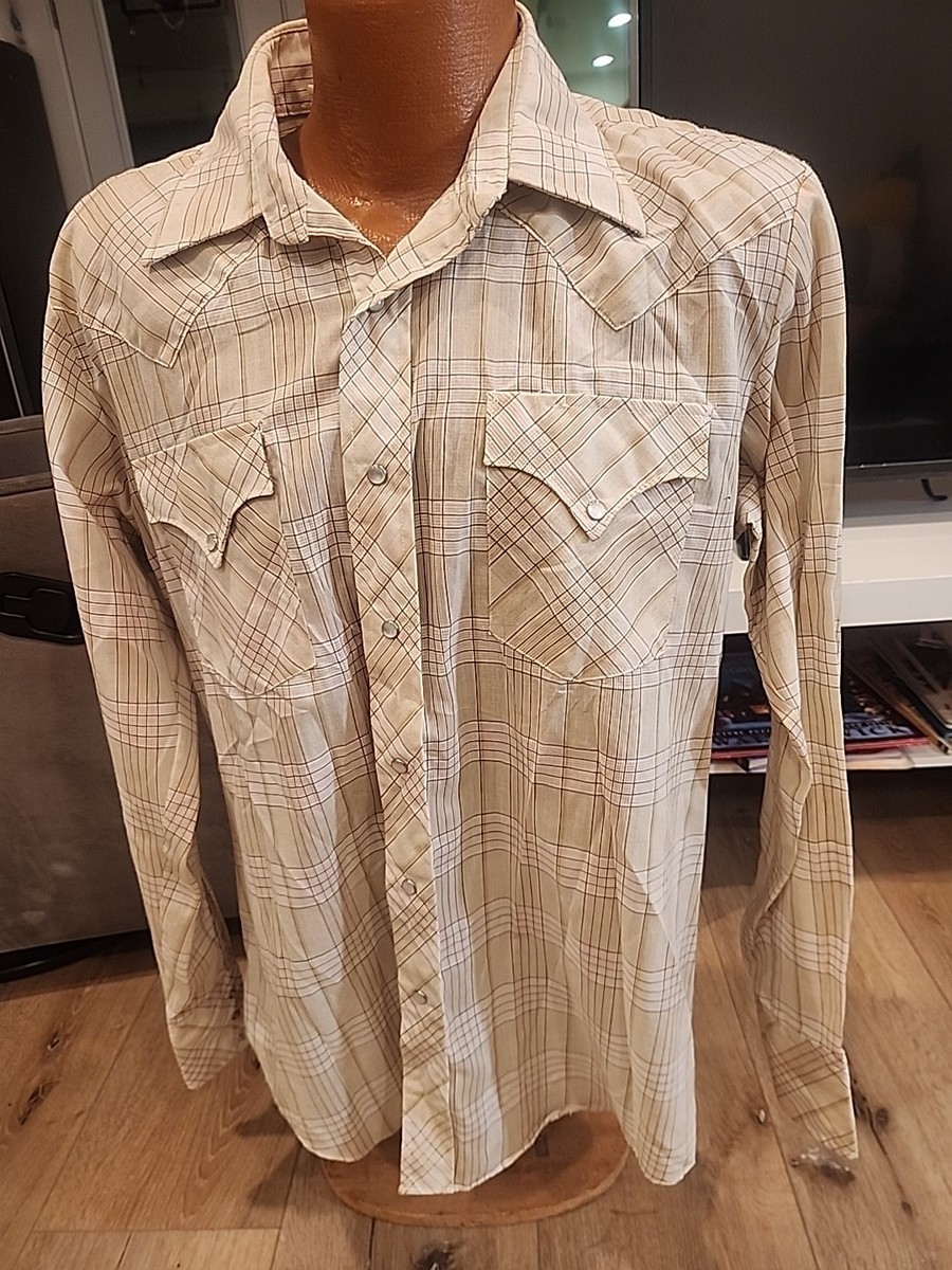 vintage western shirt miller large plaid tan pearl snap 80's