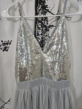 Silver Sequin Tulle Long A-Line Dress with V-Neck and Spaghetti Straps