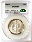 1943 D USA WALKING LIBERTY HALF DOLLAR CAC MINT STATE 67
