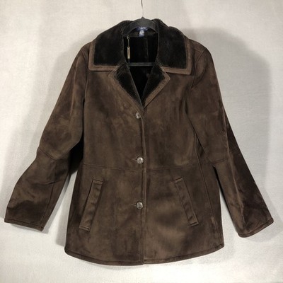 VTG 90 s Chaps Suede Fur Lined Coat Dark Brown Black Collar Women s L Classic