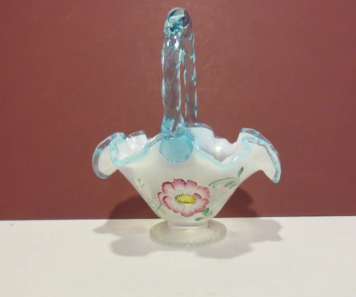 Fenton Aqua Crest White opalescent -Poppy design Basket Landmark Collection 2005