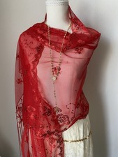 Red Mesh Sheer Shawl Floral Embroidered Sequin Fringe Women  s Scarf Whimsical