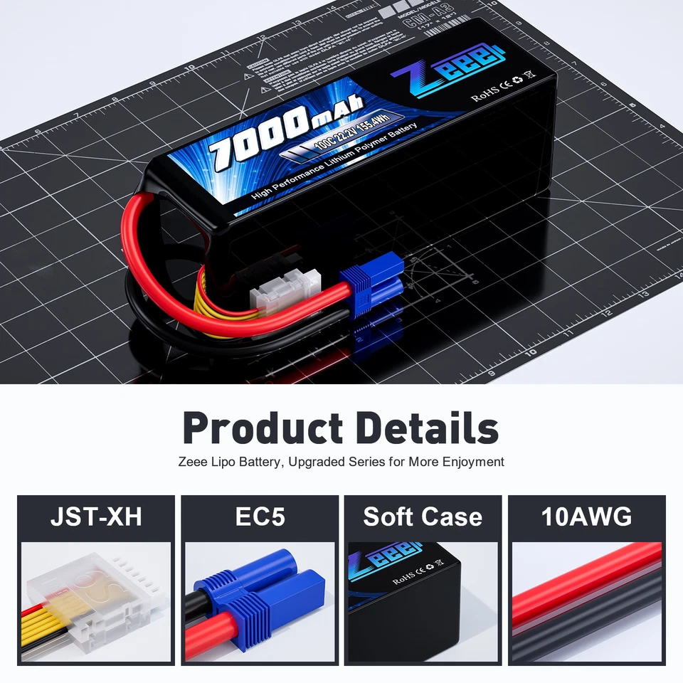 2x Zeee 22,2V 6S LiPo Akku 7000mAh EC5 100C Soft Shell für RC Flugzeug Auto Tank - Bild 2 von 4