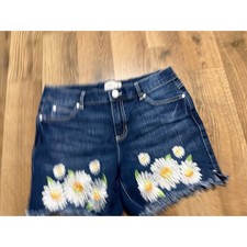 Jordache Girls Daisy Embroidered Denim Shorts Dark Wash Frayed Hem Size 16
