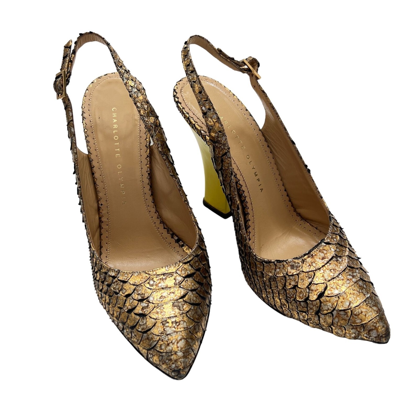 Charlotte Olympia Bronze Python Slingback Neon He… - image 9