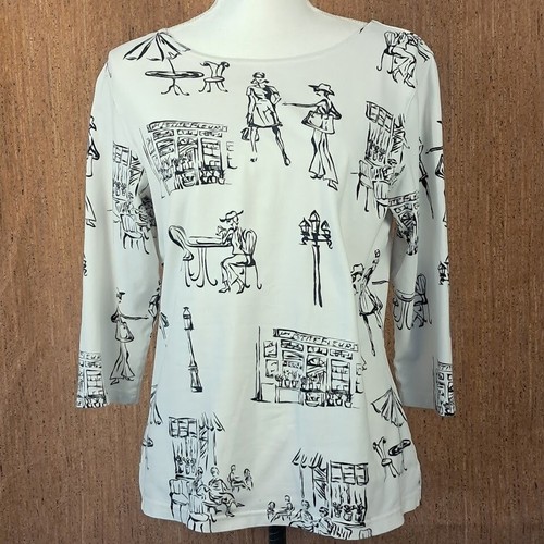 TALBOT'S M Parisian Cafe Sketch Black White Tee Shirt Top 3/4 Sleeve Boat Neck