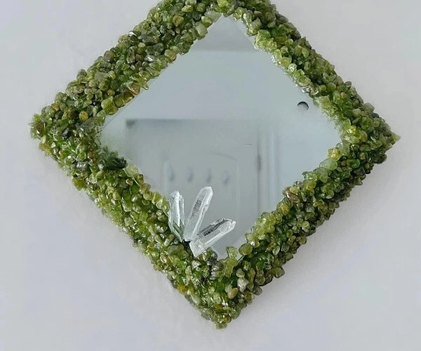Aventurine, Peridot & Quartz Crystal Round Mirror – Handmade Gemstone Wall Decor - Image 2 of 4