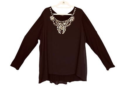 Cupio Woman Black Women's Scoop Neck Tunic Long Sleeve Embellished Gold Size 2X