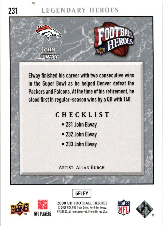 2008 Upper Deck Heroes #231 John Elway - Image 2 of 2