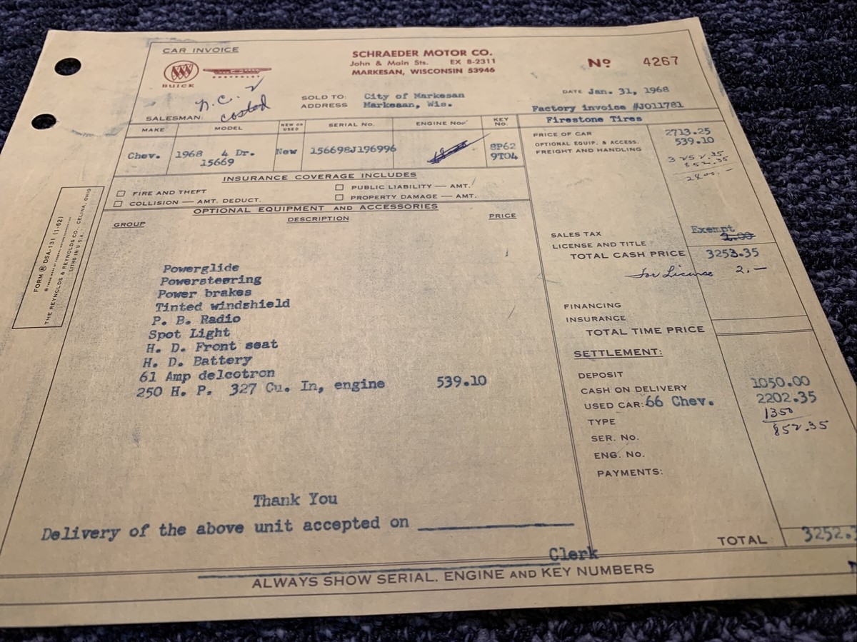 Vtg 1968 Chevrolet New Auto Dealer Sales Receipt Car Dealership Invoice