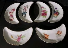 VINTAGE HALF MOON CRESENT FLORAL DESIGN DISHES SET OF 6