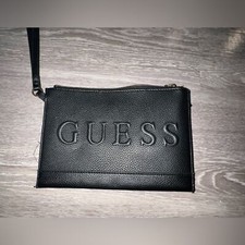 GUESS Black Smooth Faux Leather Logo Zip Wristlet Wallet Clutch Bag