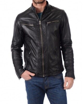 Leather Jacket Men's Biker Motorcycle Style Men Sheep Skin Racer Soft Black 82