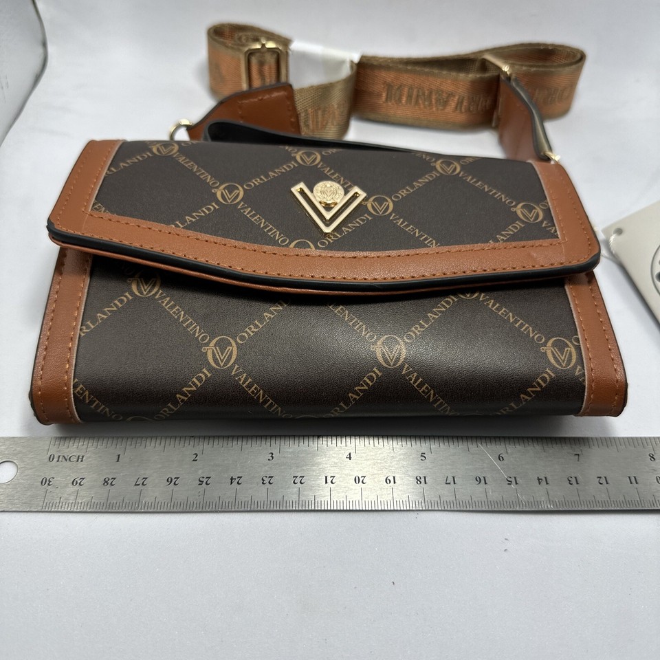 Valentino Orlandi Brown Vegan Leather Crossbody Bag Wide Logo Strap NWT