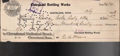 1928  COKE CHECK--Cleveland Bottling Works--FREE SHIPPING