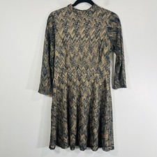 Dina Be Francesca's Navy Tan Herringbone Mock Neck Fit & Flare Dress Women's L