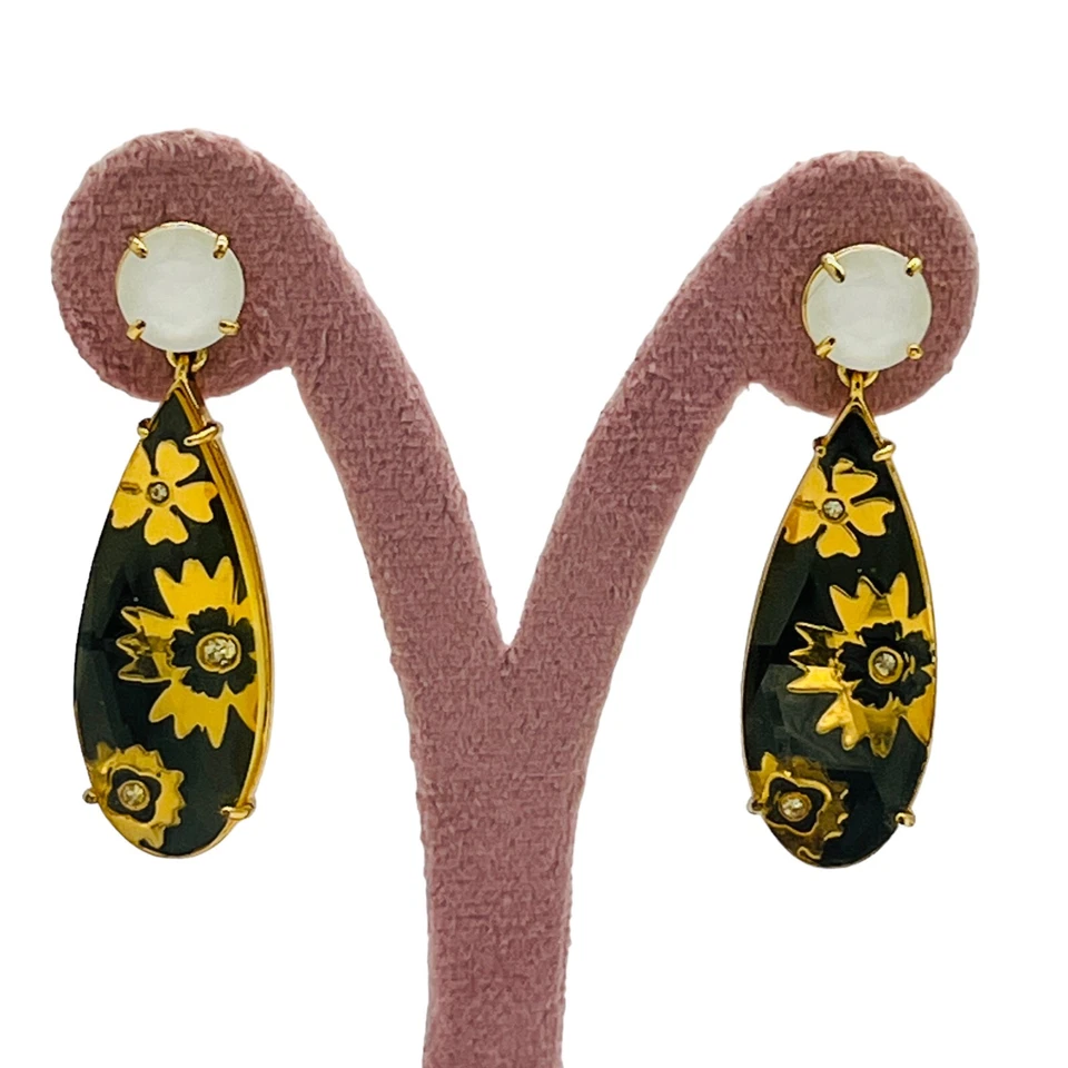 Kate Spade NY Large Tear Drop Dangle Smoky Lucite Sun Flower Gold Tone Earrings - Image 2 of 4
